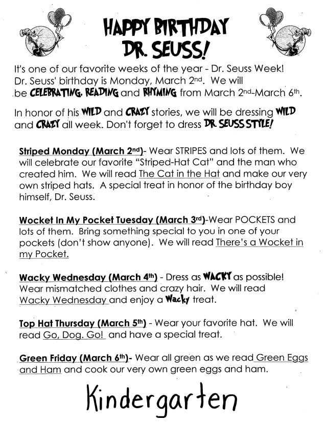 kindergarten dr. seuss week